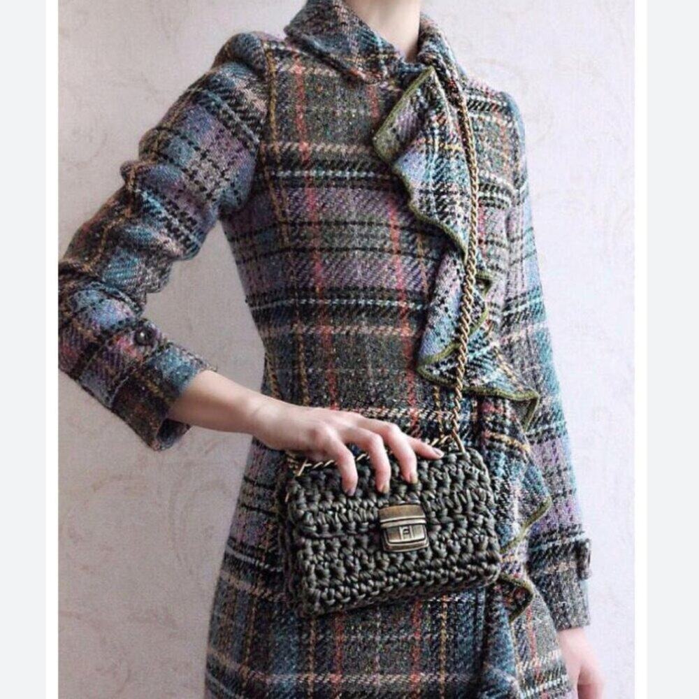 MOSCHINO Vintage 90s Coat Tartan Plaid Multi Wool Ruffle US 10